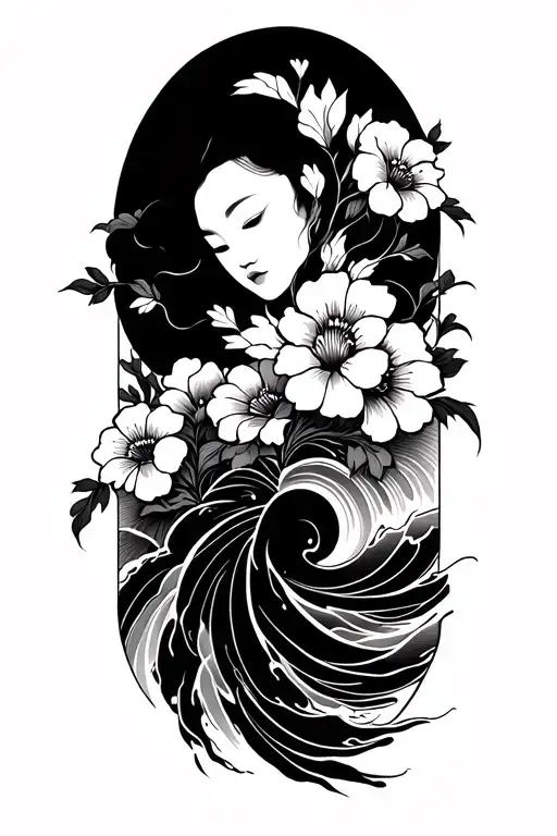  A black tattoo that starts at the hip and ends at Elbow with flowers and waves in the Japanese style tattoo design idea