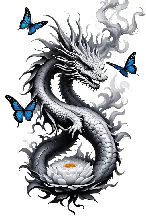 dragon smoke fire flowers butterflies surrounding tattoo design idea