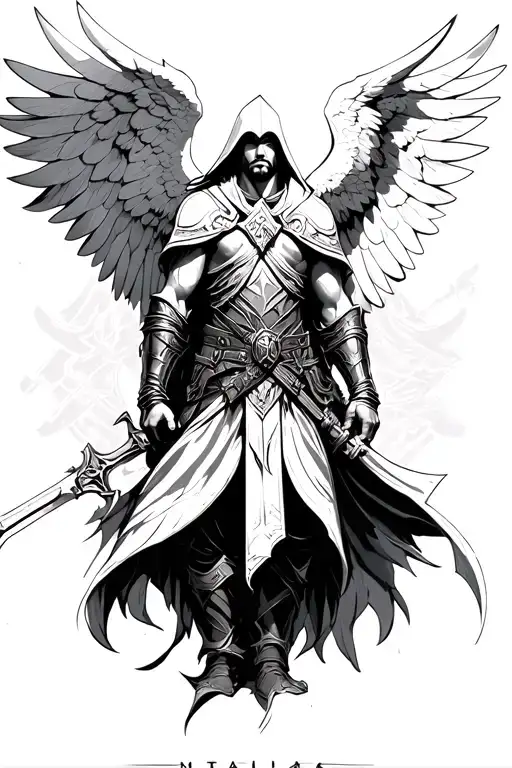 archangel as a warrior mixed with assassins creed tattoo design idea