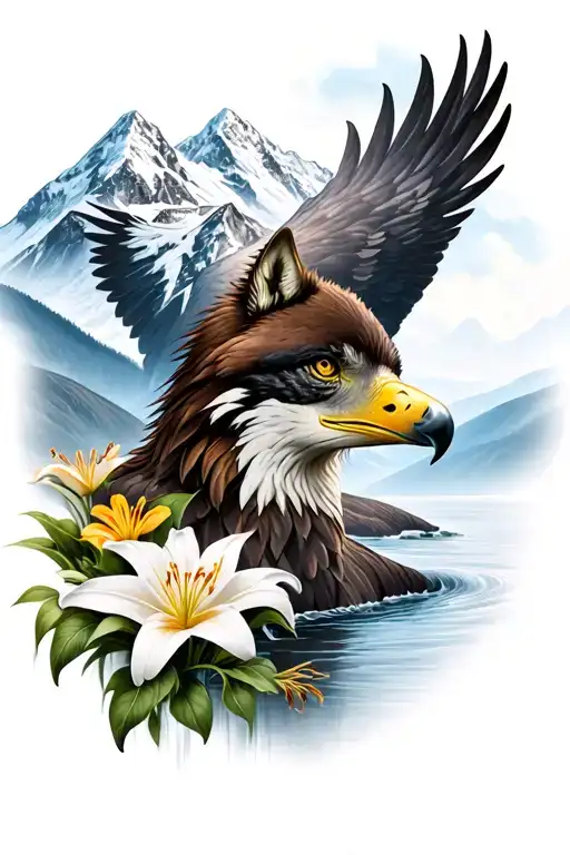 snow capped mountains, eagle, wolf, lilies, flowing river tattoo design idea