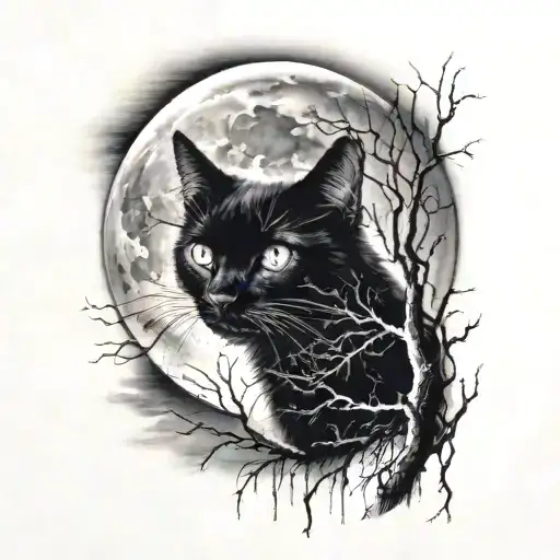 full moon with a black cat sillouette inside looking at the moon tattoo design idea