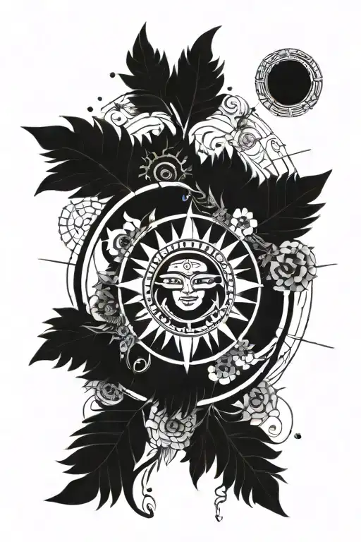 aztec sun and moon surrounded flowers tattoo design idea