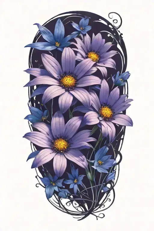 purple daisy flowers intertwined with blue cosmos flowers tattoo design idea