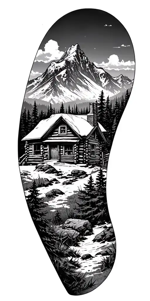 A mountain landscape incorporating a nestled log cabin tattoo design idea