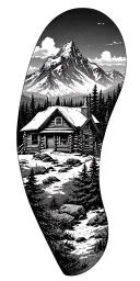 A mountain landscape incorporating a nestled log cabin tattoo design idea