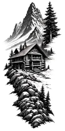 A mountain landscape incorporating a nestled log cabin tattoo design idea