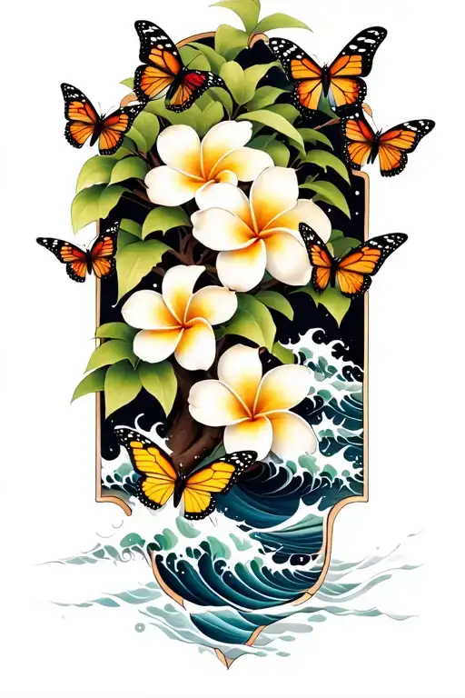 butterflies around a Frangipani tree with waves crashing tattoo design idea
