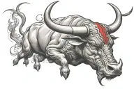 Bull with calm but angry look charging forward with fierce red eyes  tattoo design idea