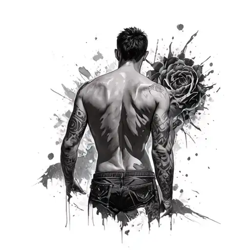 a man standing his back and his fate is in the case tattoo design idea