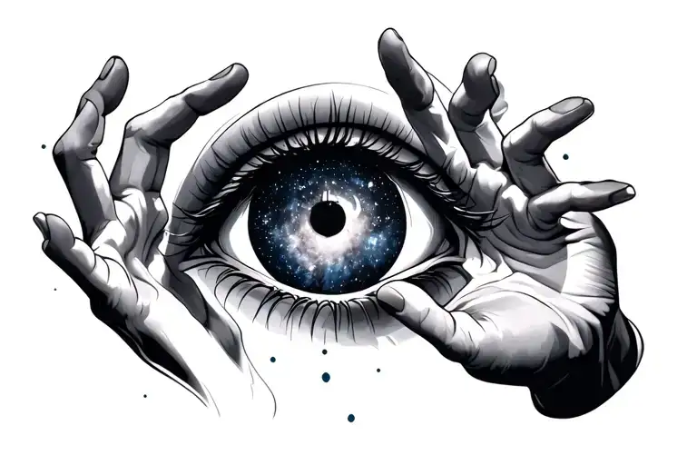 an eye floating and below this two hands taking a galaxy tattoo design idea