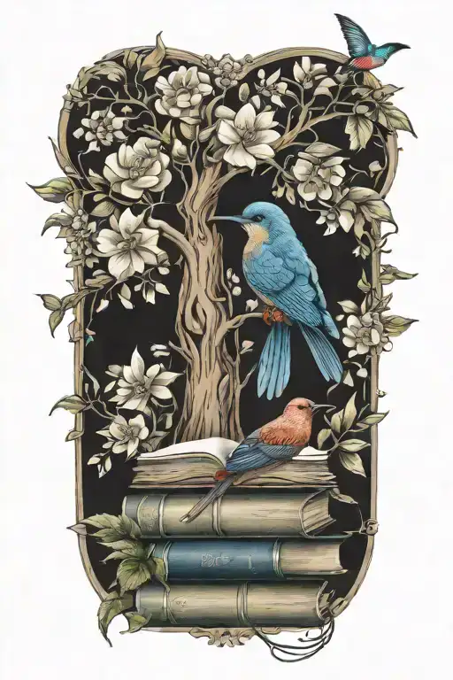 books, humingbird, tree, flowers tattoo design idea