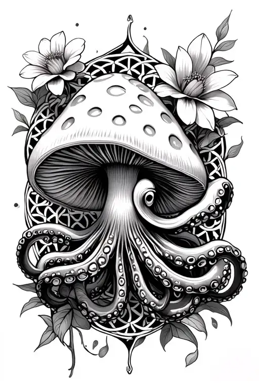 octopus and mushroom with flower of life background tattoo design idea