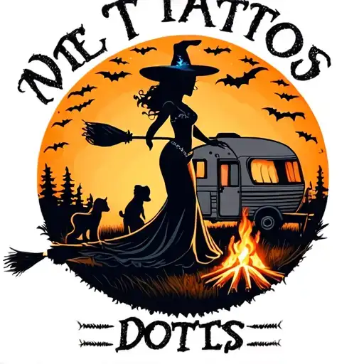 silhouette of busty sexy witch bride on broomstick over a campsite with a trailer and campfire with children & dog tattoo design idea