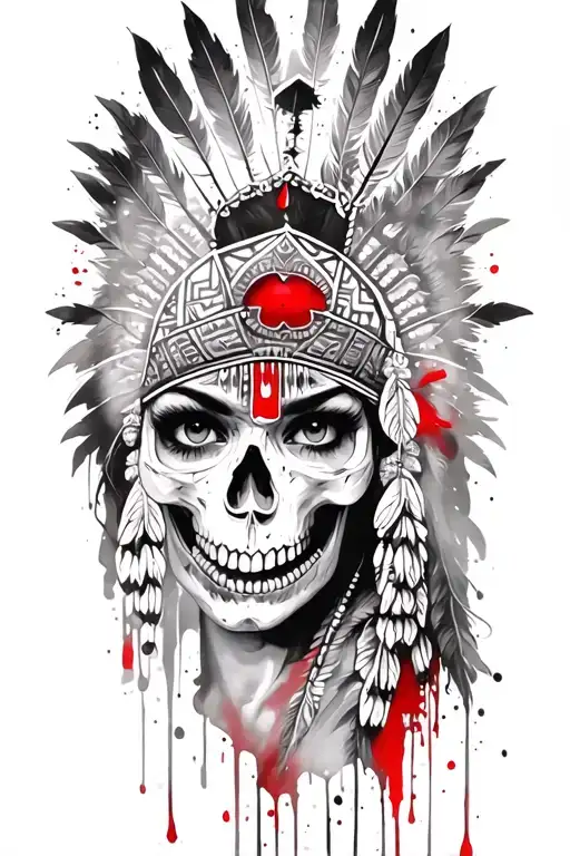 aztec warrior girl, skeletal fierce face, crown skull, geometric patterns feathers, spirituality, afterlife, death tattoo design idea