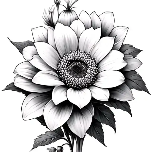 stargazer lilys, sunflower, carnation flower,  forget me not flower, dahlia flower tattoo design idea