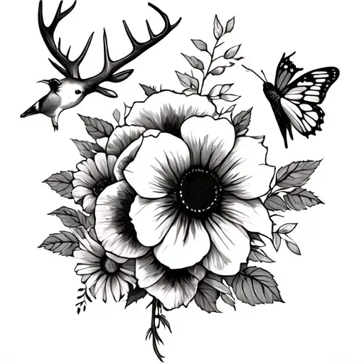 rose, pansy, sunflower with deer antlers and a hummingbird and butterfly tattoo design idea