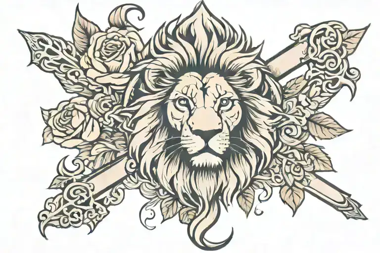 lion cross protection rose tattoo design idea