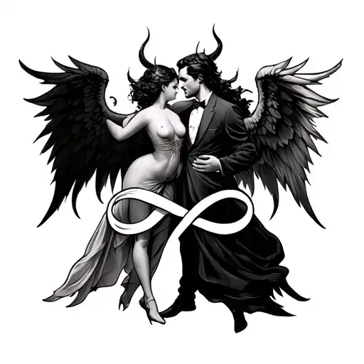 Create devil and angel tattoo design including infinity sign, woman and man dancing. Similar to CatByDesign tattoo. tattoo design idea