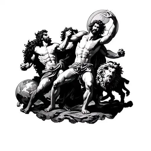 Greek mythology Zeus Heracles taming Cerberus and atlas carrying earth tattoo design idea