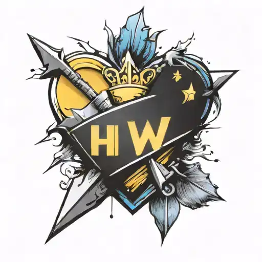 blue and yellow heart shape, three arrowheads, Baby Huw written tattoo design idea