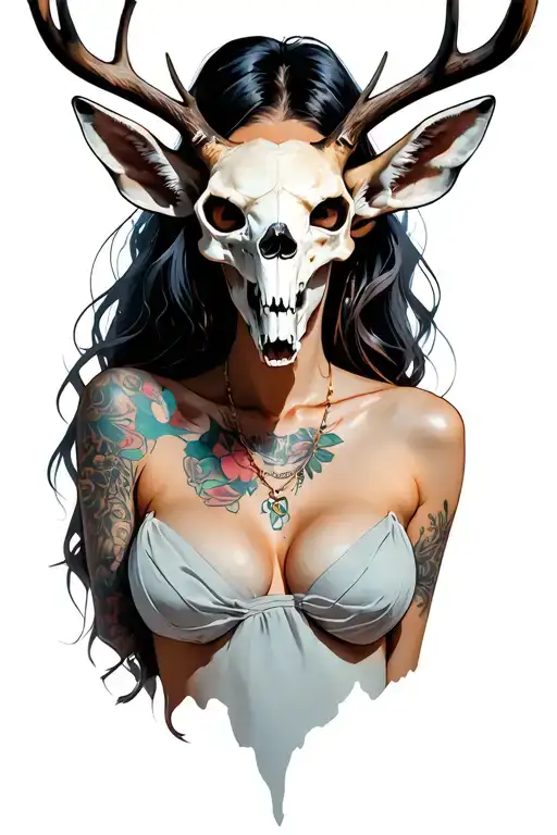 sexy woman with deer skull head tattoo design idea