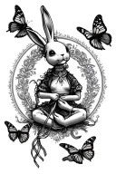 voodoo doll mending itself with a ribbon tied to a rabbit's foot being circled by 3phenixes and butterflies  tattoo design idea