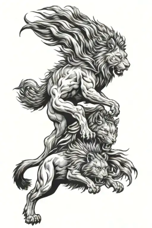 furious full body lion, wolf, lynx and raven tattoo design idea