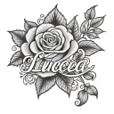 Lucia name w rose and letters cursive  tattoo design idea