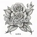 Lucia name w rose and letters cursive  tattoo design idea