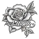 Lucia name w rose and letters cursive  tattoo design idea