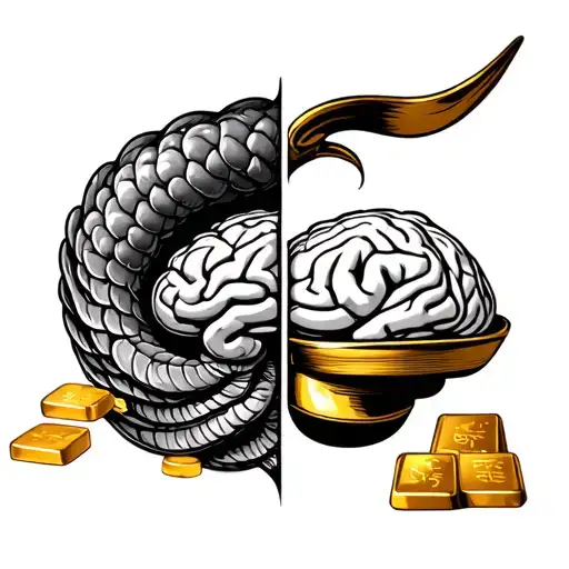 scales with gold bars on one side and a brain on another tattoo design idea