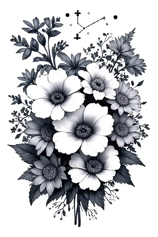 bouquet with larkspur, morning glories, asters and water lillies surrounded by minimal Leo and Virgo constellations  tattoo design idea