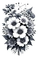 bouquet with larkspur, morning glories, asters and water lillies surrounded by minimal Leo and Virgo constellations  tattoo design idea