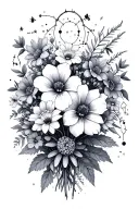 bouquet with larkspur, morning glories, asters and water lillies surrounded by minimal Leo and Virgo constellations  tattoo design idea