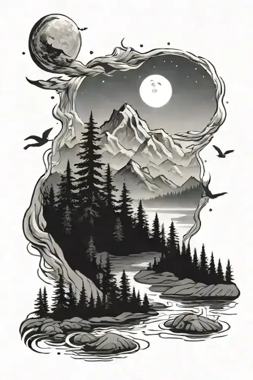 nature mountains forest lake loons fog stars moon tattoo design idea