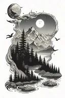 nature mountains forest lake loons fog stars moon tattoo design idea