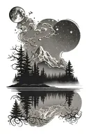 nature mountains forest lake loons fog stars moon tattoo design idea