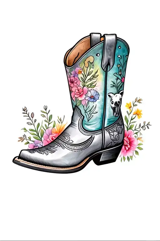 A detailed blackwork design of a cowboy boot with spurs, filled with various farm animals and flowers tattoo design idea