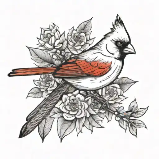 A cardinal bird holding an aster flower and a holly branch tattoo design idea