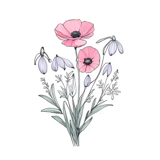 narcissius flower, cosmos flower, violet flower, poppy flower, and snowdrop flower bouquet tattoo design idea