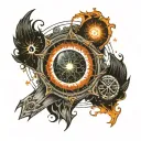 space tattoo - a sleeve from wrist to shoulder with the eye of Sauron, as in the game “Lord of the Rings”: The Battle fo tattoo design idea