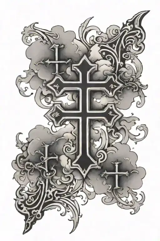 This tattoo design would feature a cluster of three solid black crosses on the wrist, surrounded by wispy cloud details, tattoo design idea