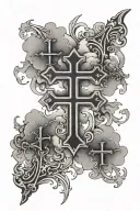 This tattoo design would feature a cluster of three solid black crosses on the wrist, surrounded by wispy cloud details, tattoo design idea