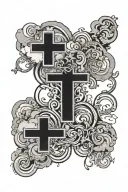 This tattoo design would feature a cluster of three solid black crosses on the wrist, surrounded by wispy cloud details, tattoo design idea