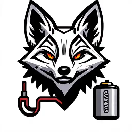 Mechanical fox head logo. Fox head is plugged into a battery. Low detail, simple design. tattoo design idea