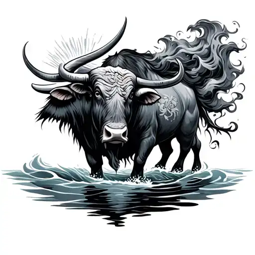 saint owa transforminging into a water buffalo with wind  tattoo design idea