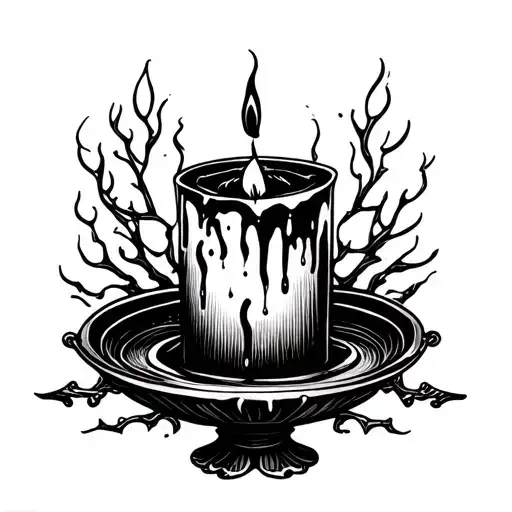 Dark Art tattoo design, blackwork style, a melting gothic candle sitting in a vintage holder, a single flickering flame  tattoo design idea
