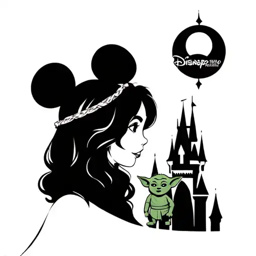Disney Castle with lady behind profile with mickey ears headband holding yoda doll tattoo design idea