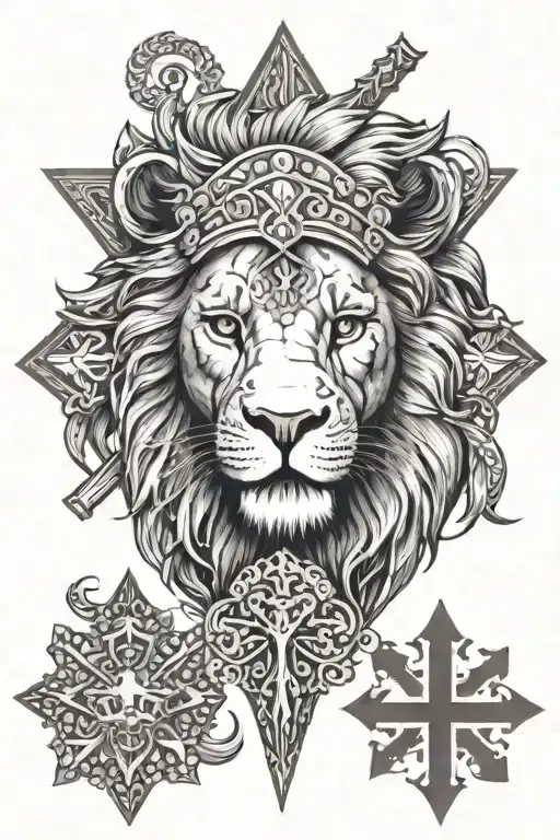 lion with cross going between right eye and the persian flag on the left eye tattoo design idea