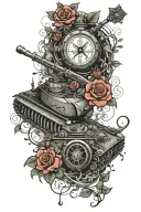 army tank with compass and crossed swords surrounded by roses and vines tattoo design idea